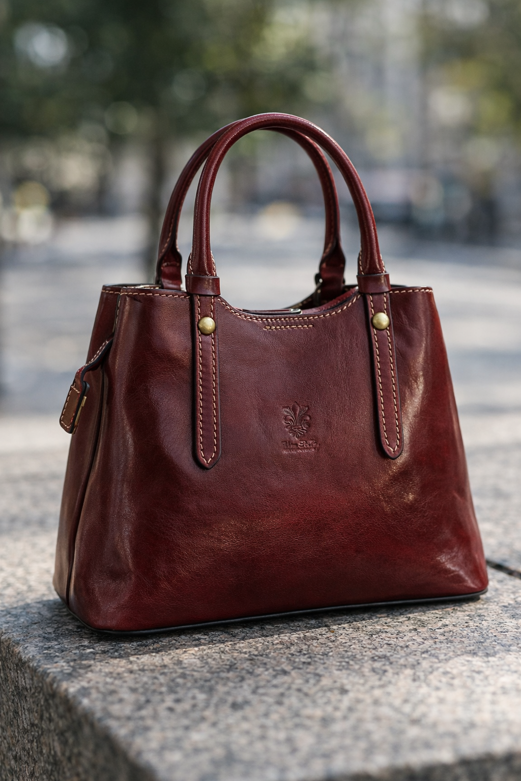 Structured Leather Top Handle Bag with Zip Closure and Shoulder Strap