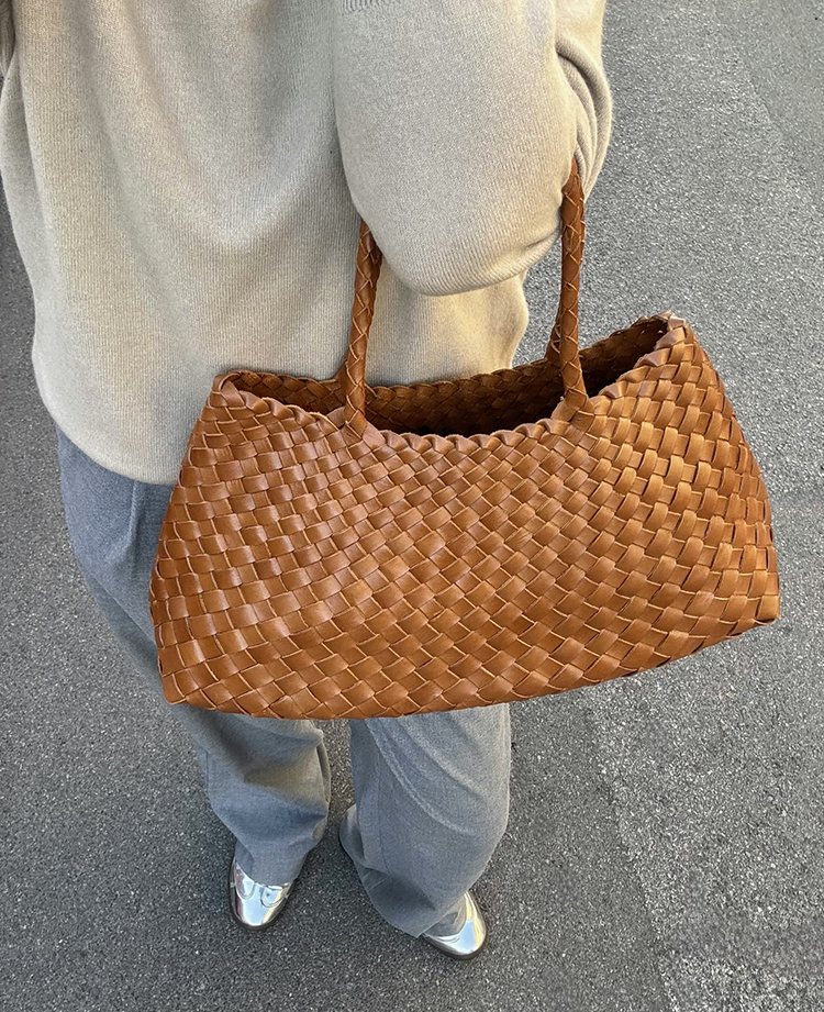 Elegant Woven Leather Handbag — Long Handles