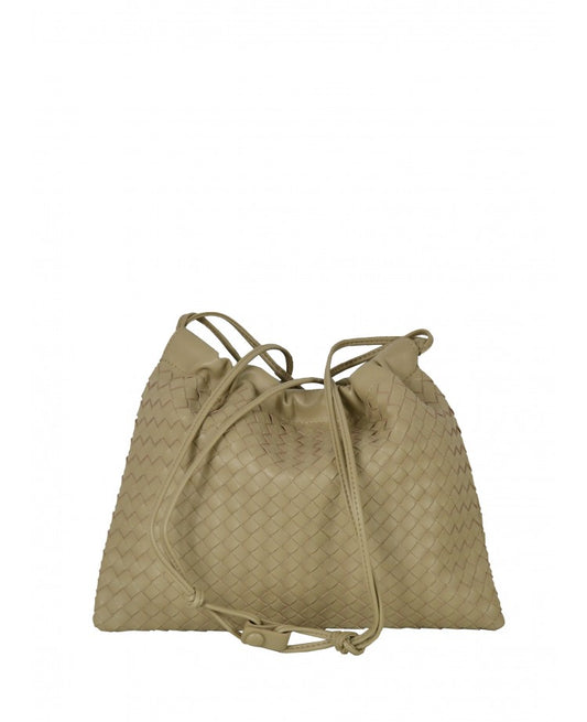 Woven Leather Crossbody Pouch — Drawstring Look