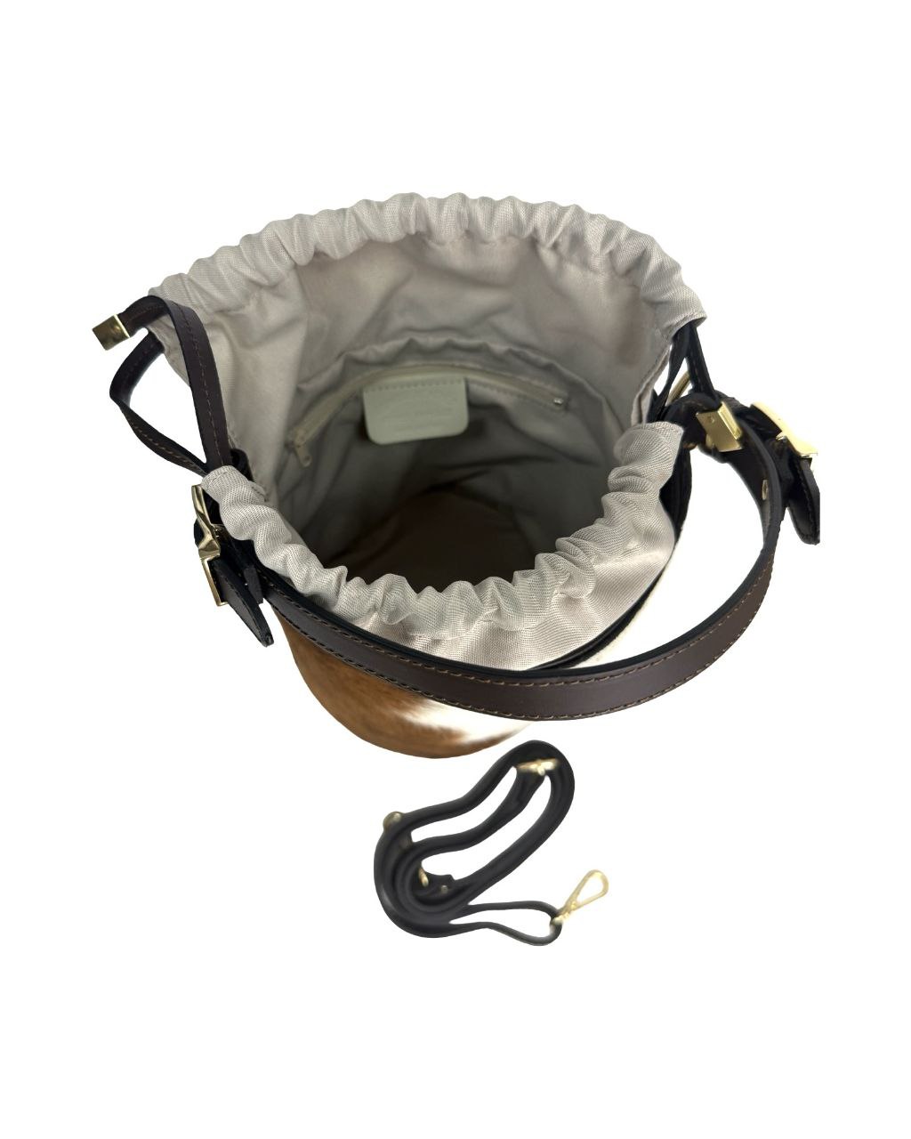 Cow Print Pony Skin Bucket Bag — Dark Brown Leather Trim