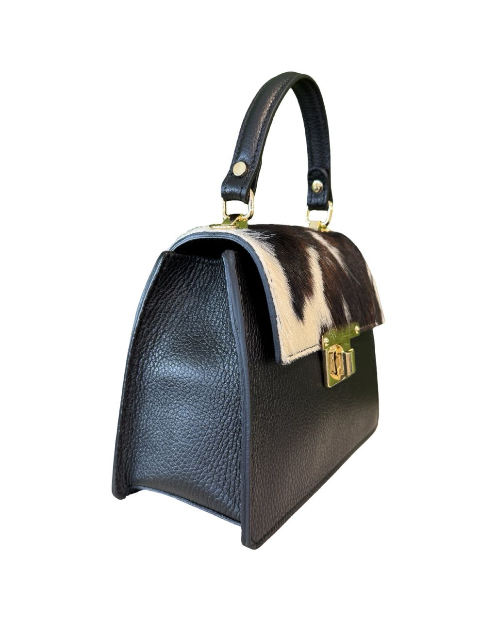 Cow Print Top-Handle Bag — Black Leather & Pony Skin Flap