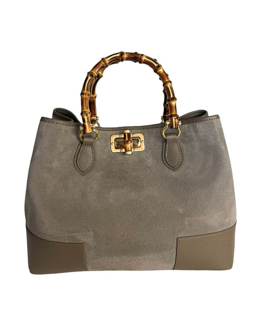 Suede Top-Handle Bag — Bamboo Handle