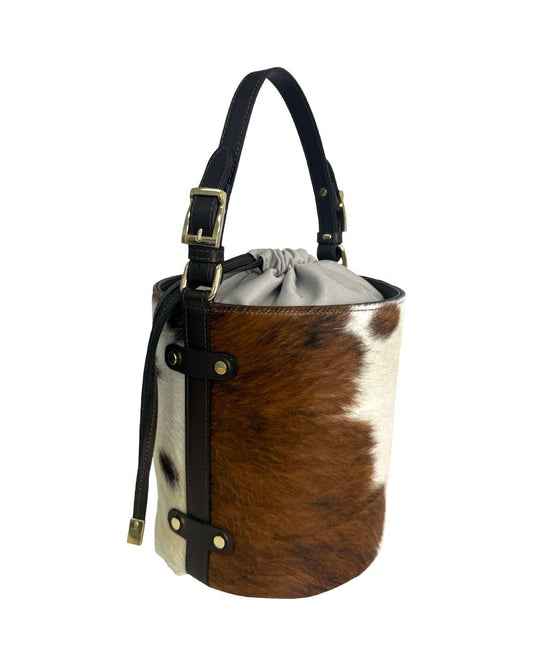 Cow Print Pony Skin Bucket Bag — Dark Brown Leather Trim