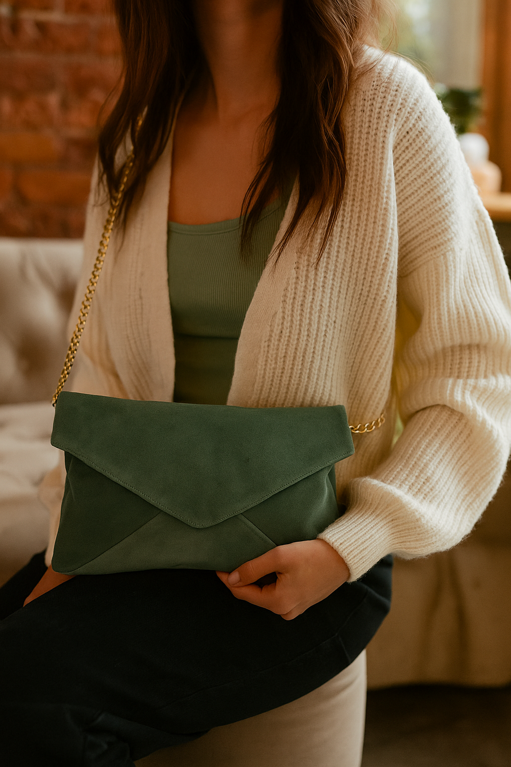 Italian Leather Envelope Bag with Chain Strap by Modex™