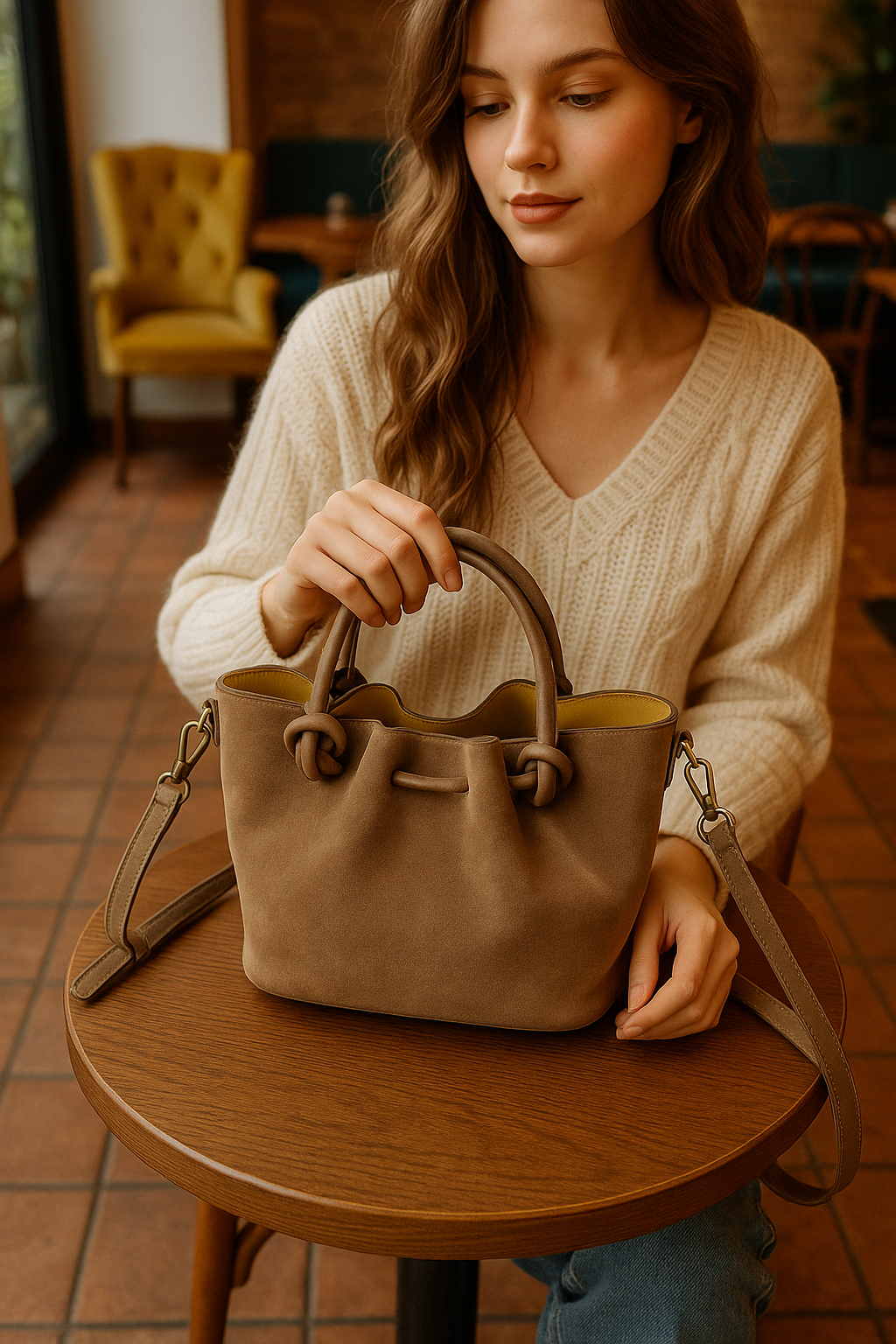 Italian Leather Bucket Bag with Knot Handles and Center Zip by Modex™