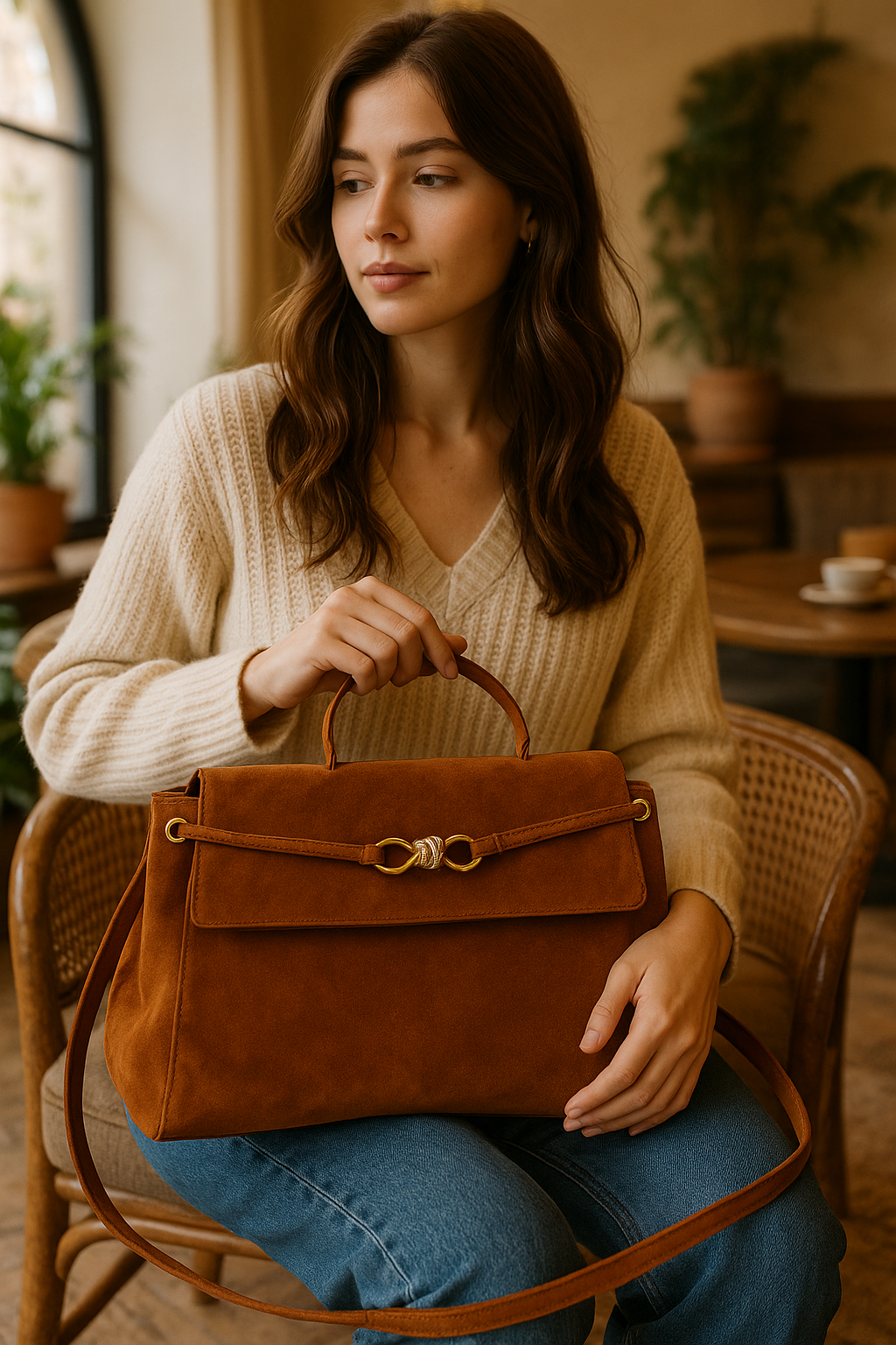 Italian Leather Briefcase-Style Bag with Decorative Closure by Modex™