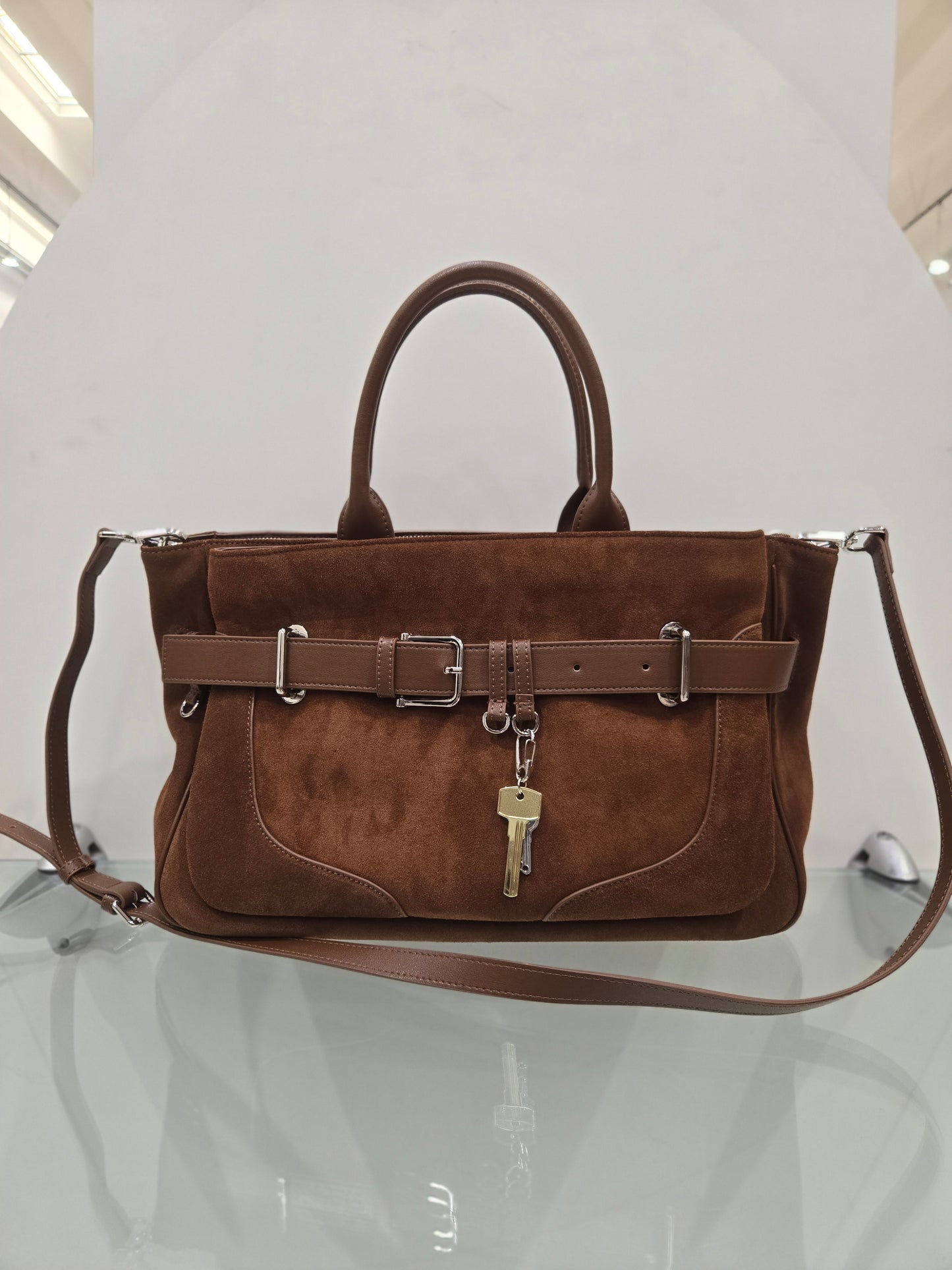 Suede & leather satchel with belt detail
