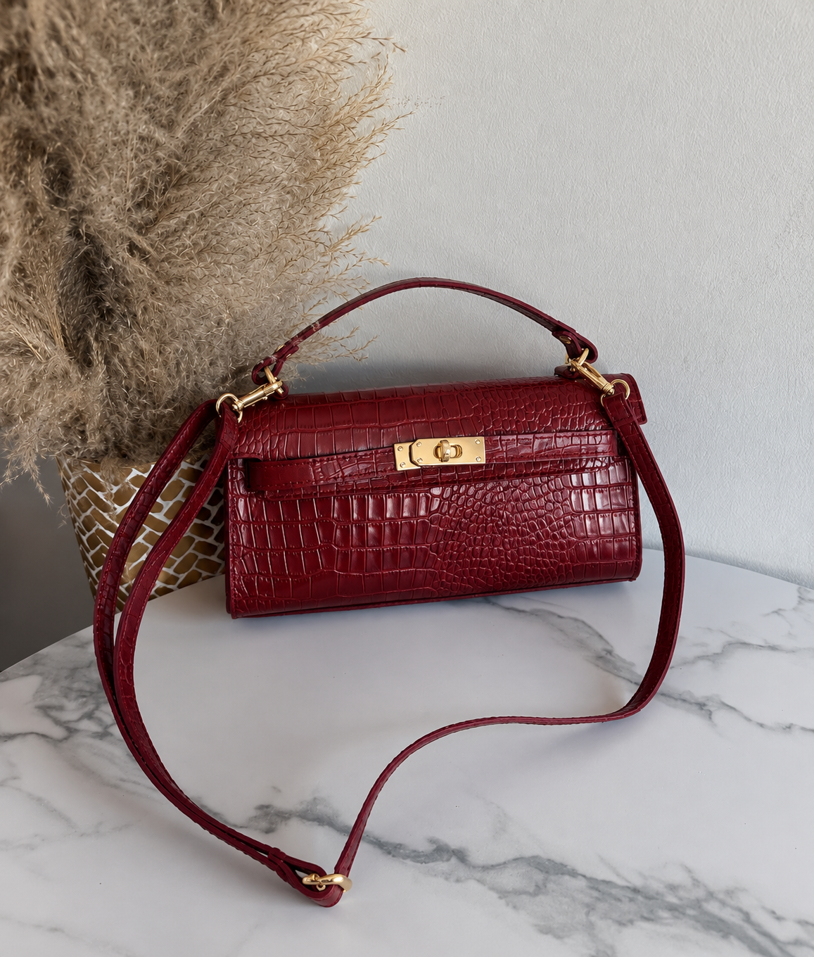 Croc-Embossed Leather Handbag with Shoulder Strap
