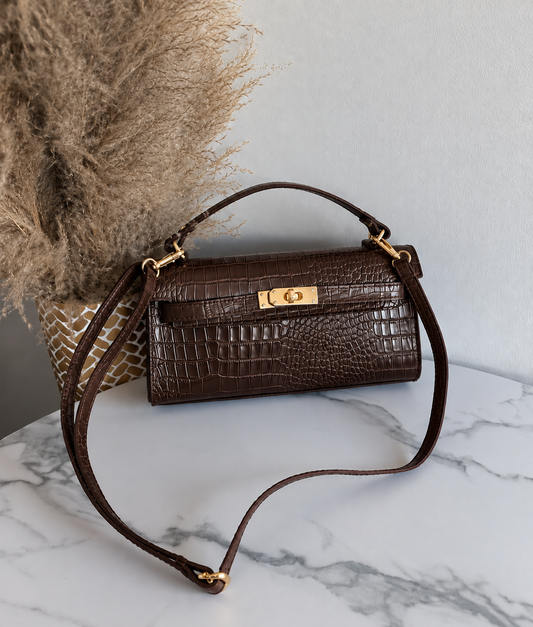 Croc-Embossed Leather Handbag with Shoulder Strap