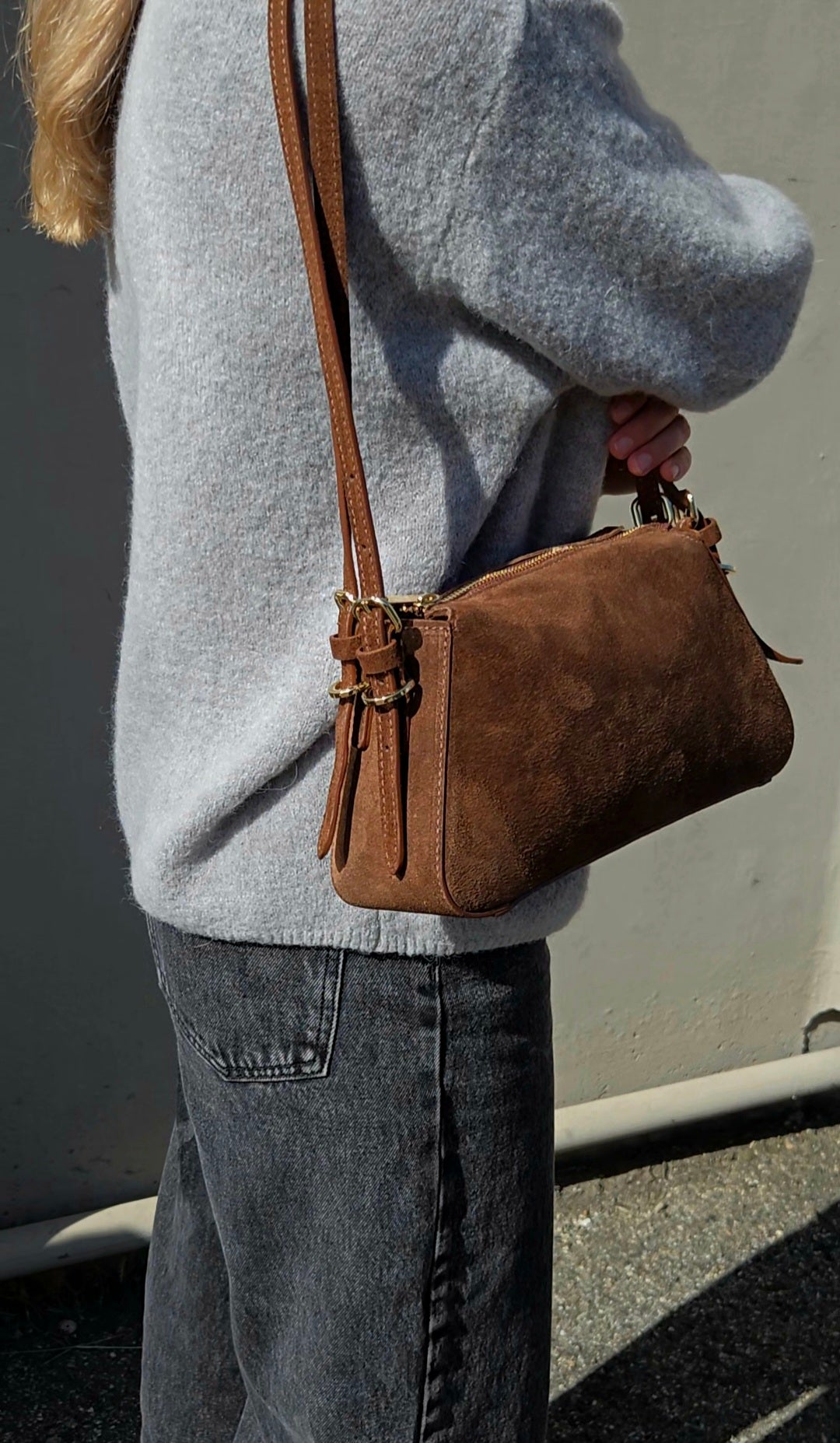 Suede Baguette Crossbody with Adjustable Strap