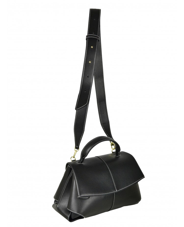 Minimal Leather Top-Handle Bag with Wide Strap