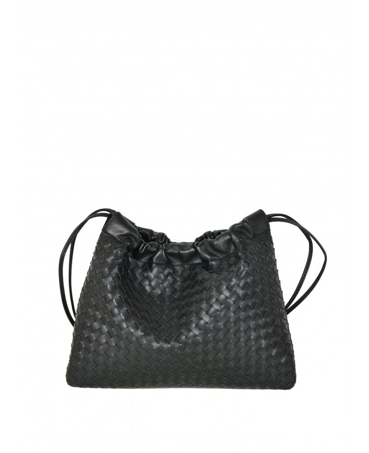 Woven Leather Crossbody Pouch — Drawstring Look