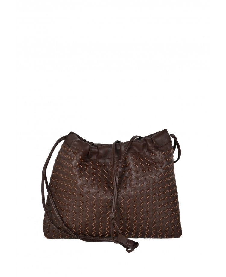 Woven Leather Crossbody Pouch — Drawstring Look