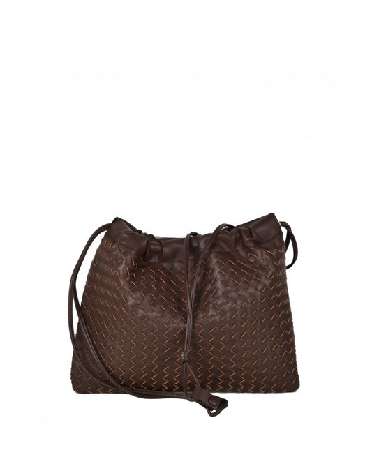 Woven Leather Crossbody Pouch — Drawstring Look