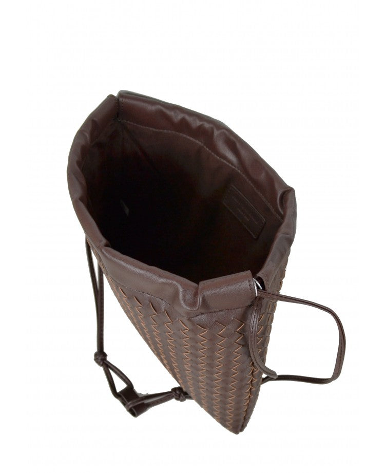 Woven Leather Crossbody Pouch — Drawstring Look