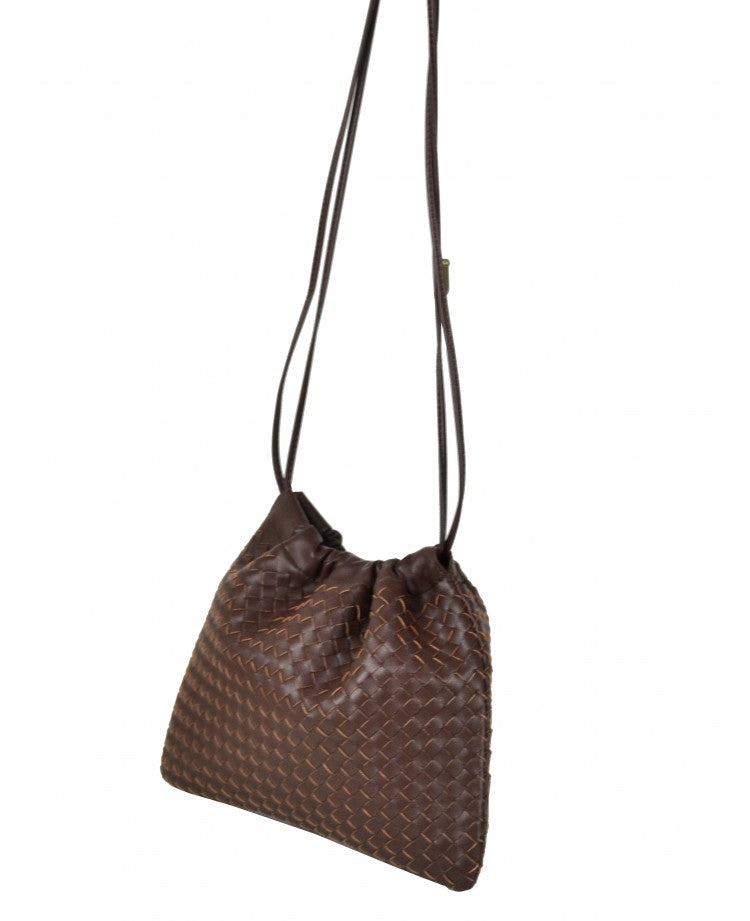 Woven Leather Crossbody Pouch — Drawstring Look