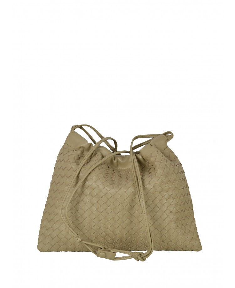 Woven Leather Crossbody Pouch — Drawstring Look