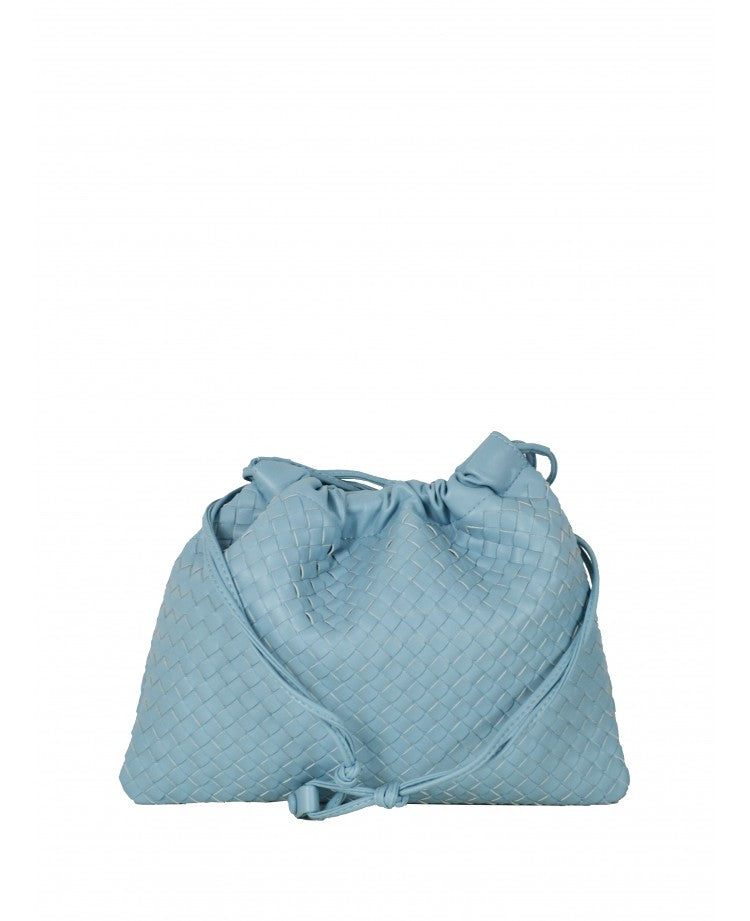 Woven Leather Crossbody Pouch — Drawstring Look