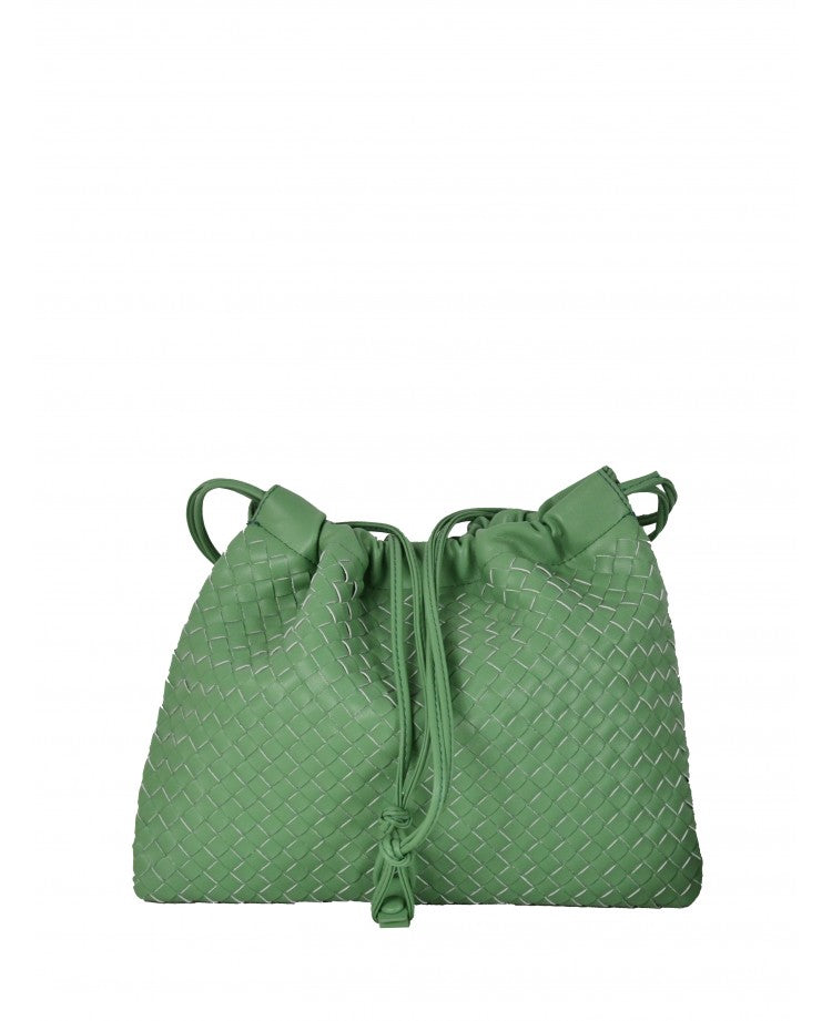 Woven Leather Crossbody Pouch — Drawstring Look