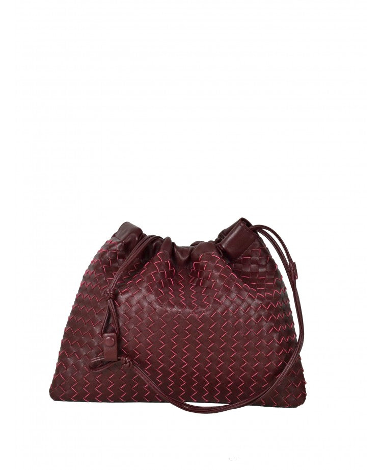 Woven Leather Crossbody Pouch — Drawstring Look