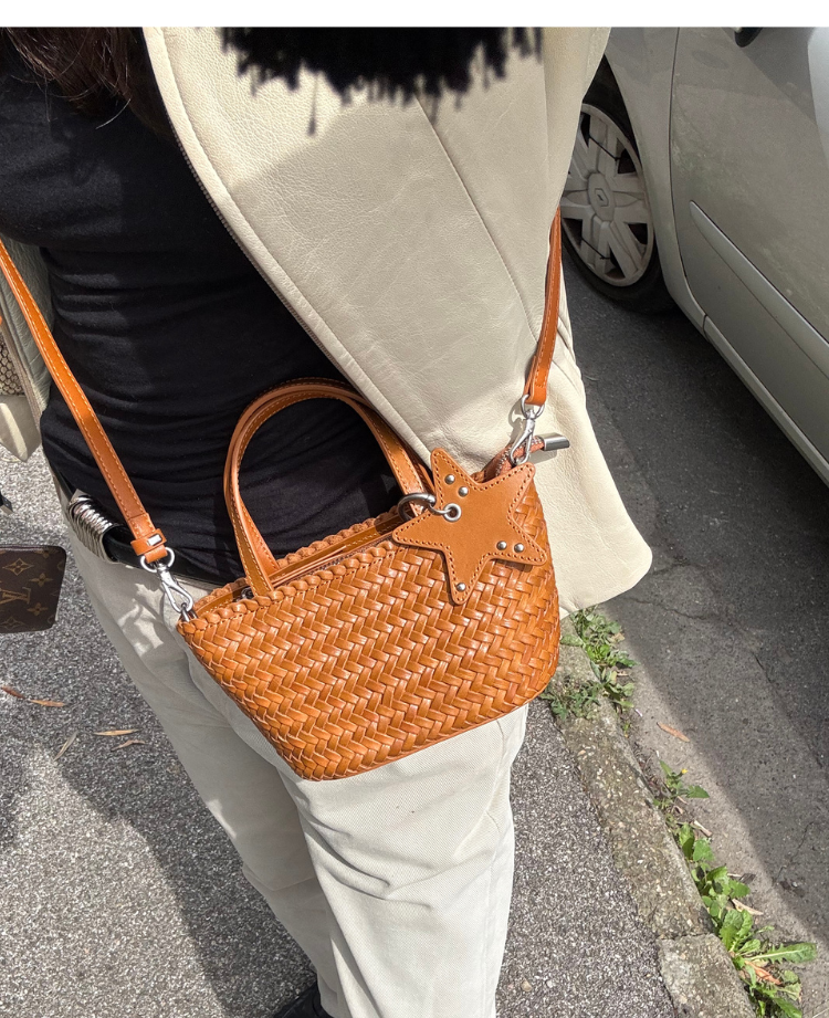 Woven Leather Mini Bag with Charm