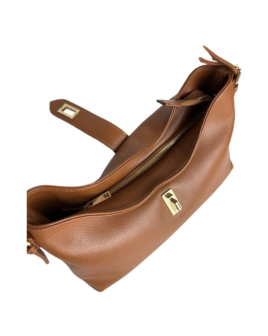Leather Shoulder Bag with Zip Closure & Detachable Strap