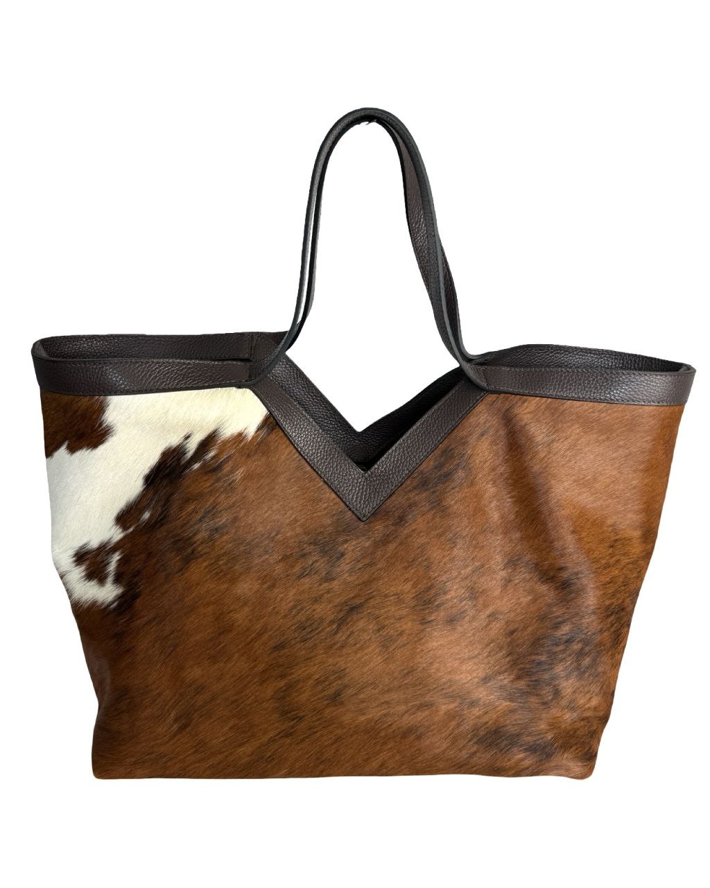 Cow Print Pony Skin Tote — Dark Brown Leather Trim