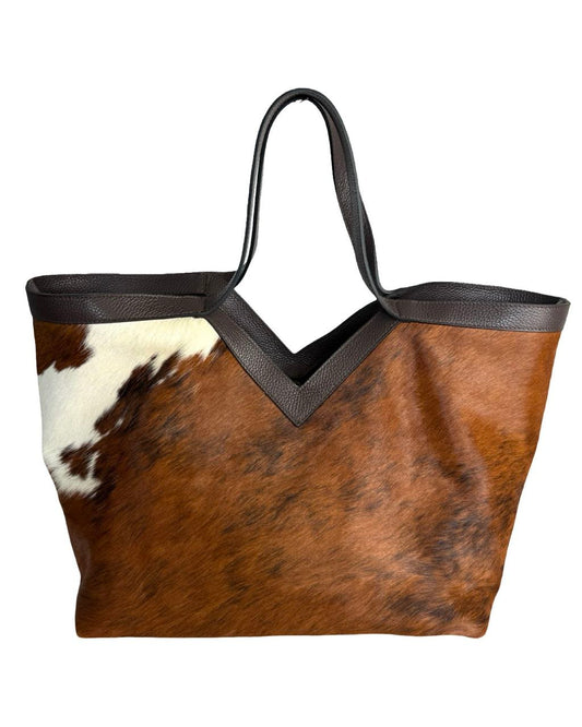 Cow Print Pony Skin Tote — Dark Brown Leather Trim