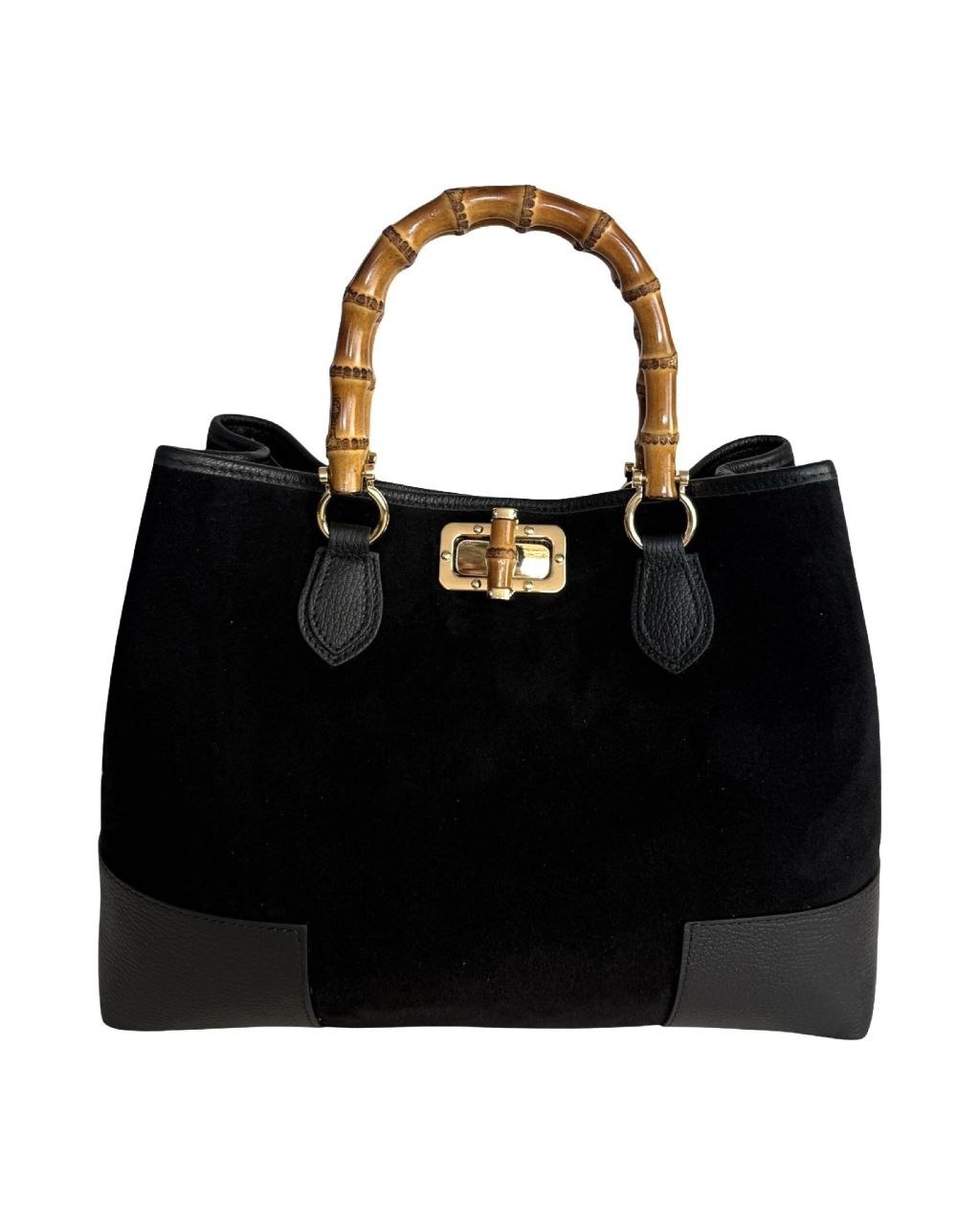 Suede Top-Handle Bag — Bamboo Handle