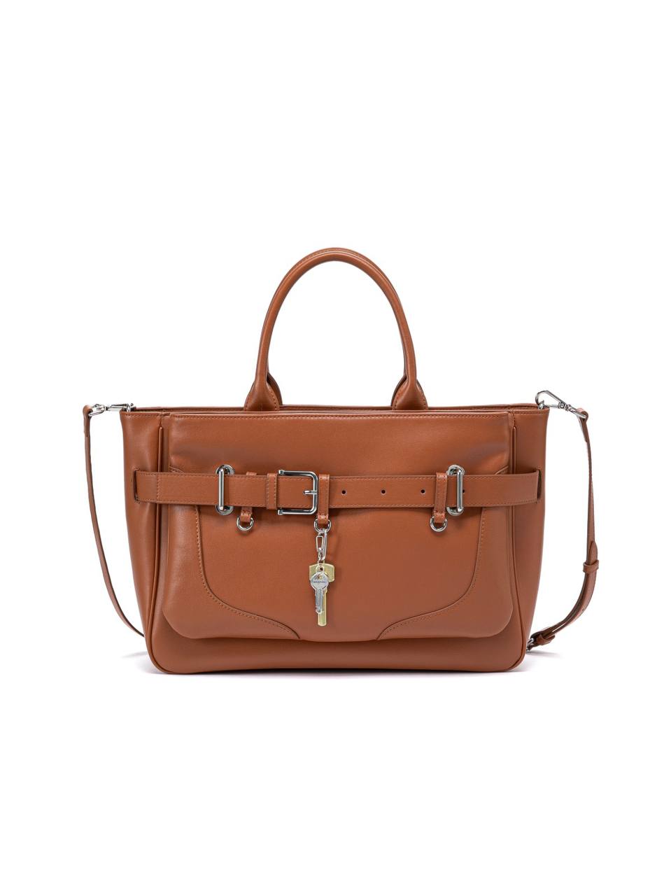 Structured Leather Handbag with Front Belt