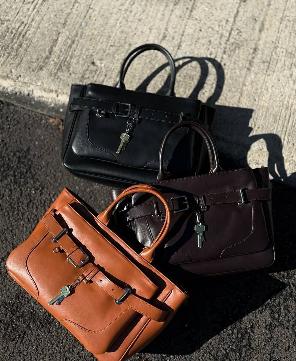 Structured Leather Handbag with Front Belt