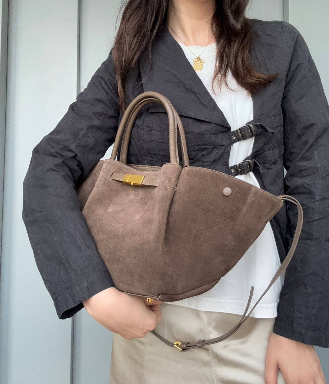 Winged Suede Tote with Removable Leather Strap
