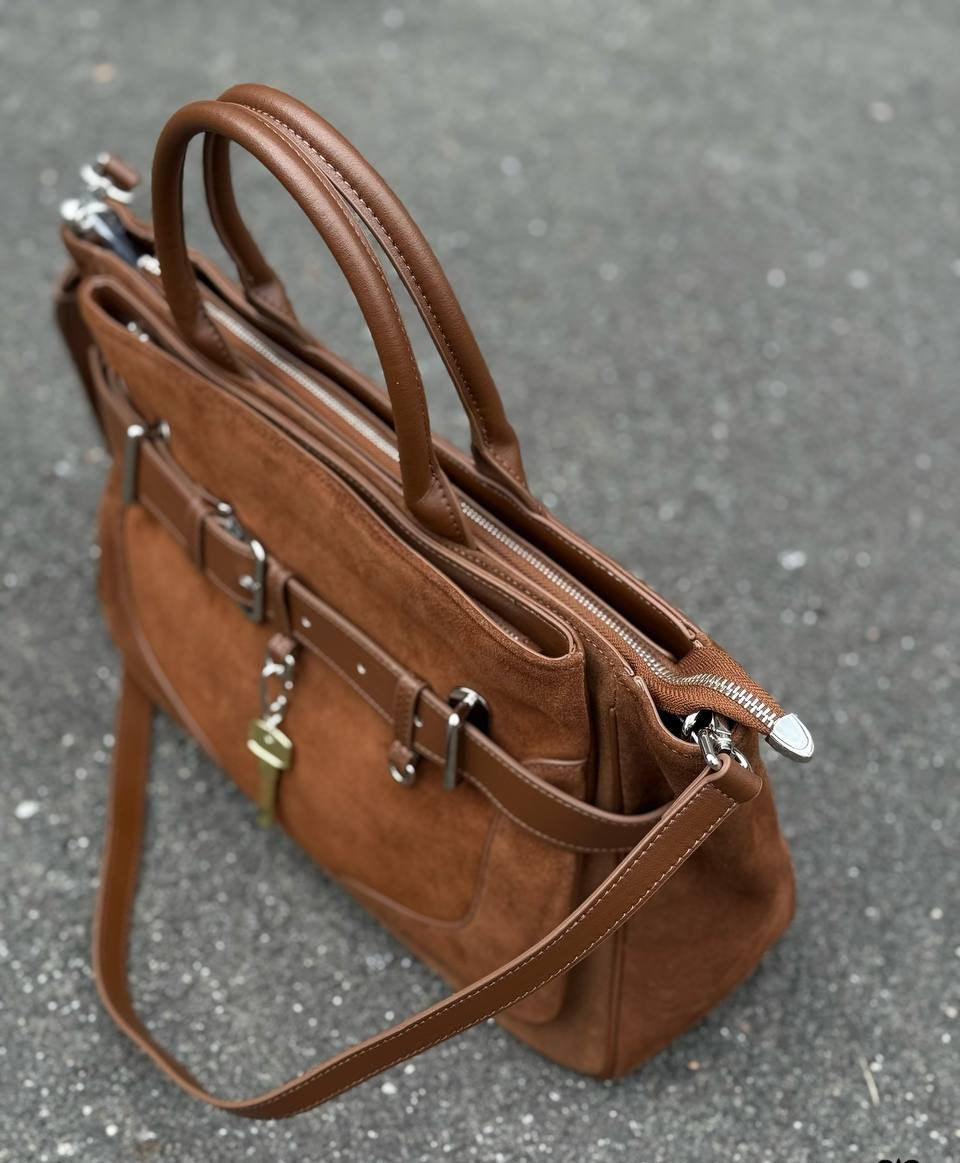 Suede & leather satchel with belt detail