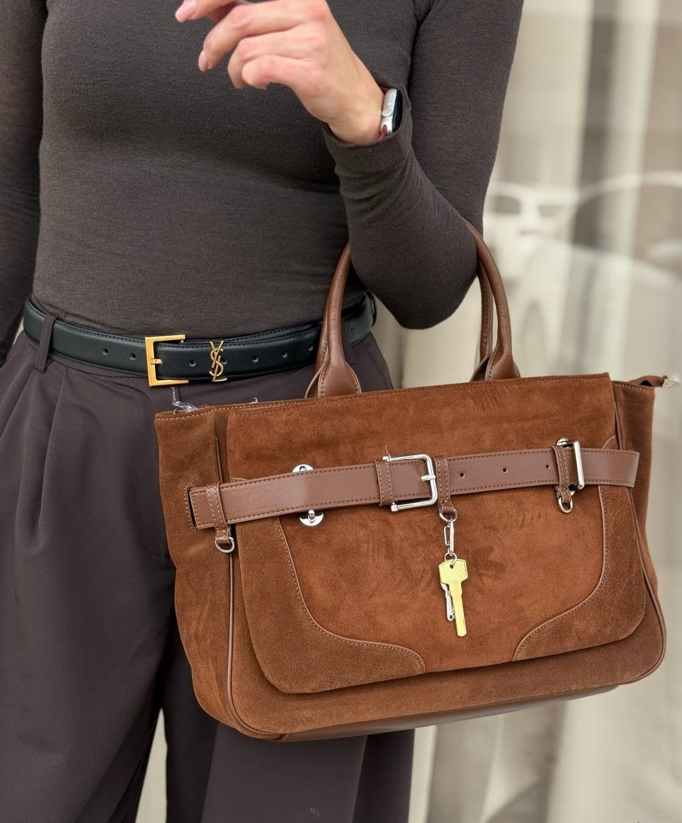 Suede & leather satchel with belt detail