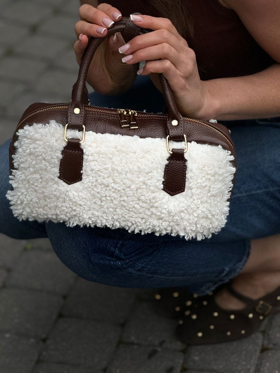 Italian Leather Teddy Top-Handle Bag — Cozy Luxury, Made in Italy