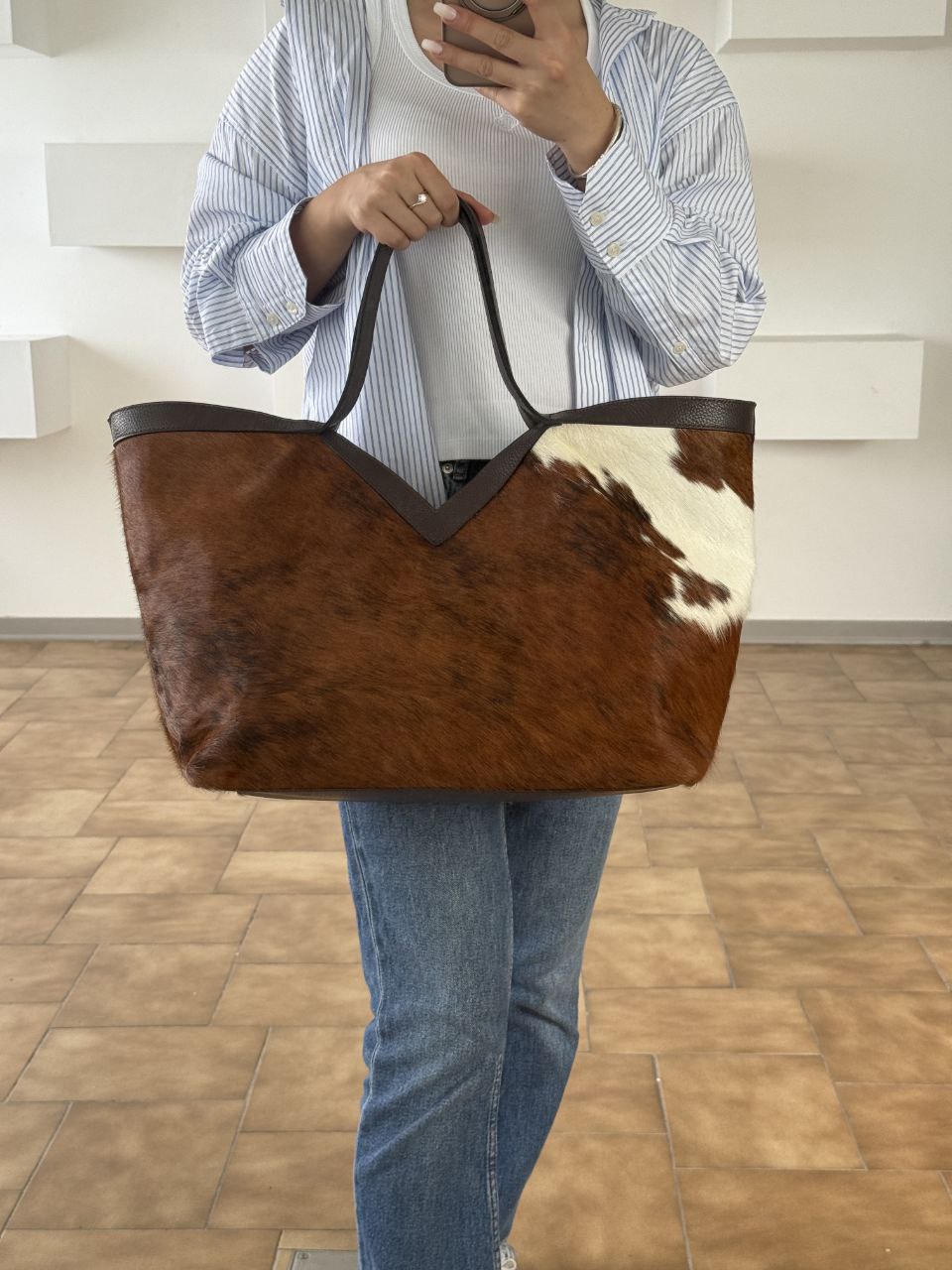 Cow Print Pony Skin Tote — Dark Brown Leather Trim