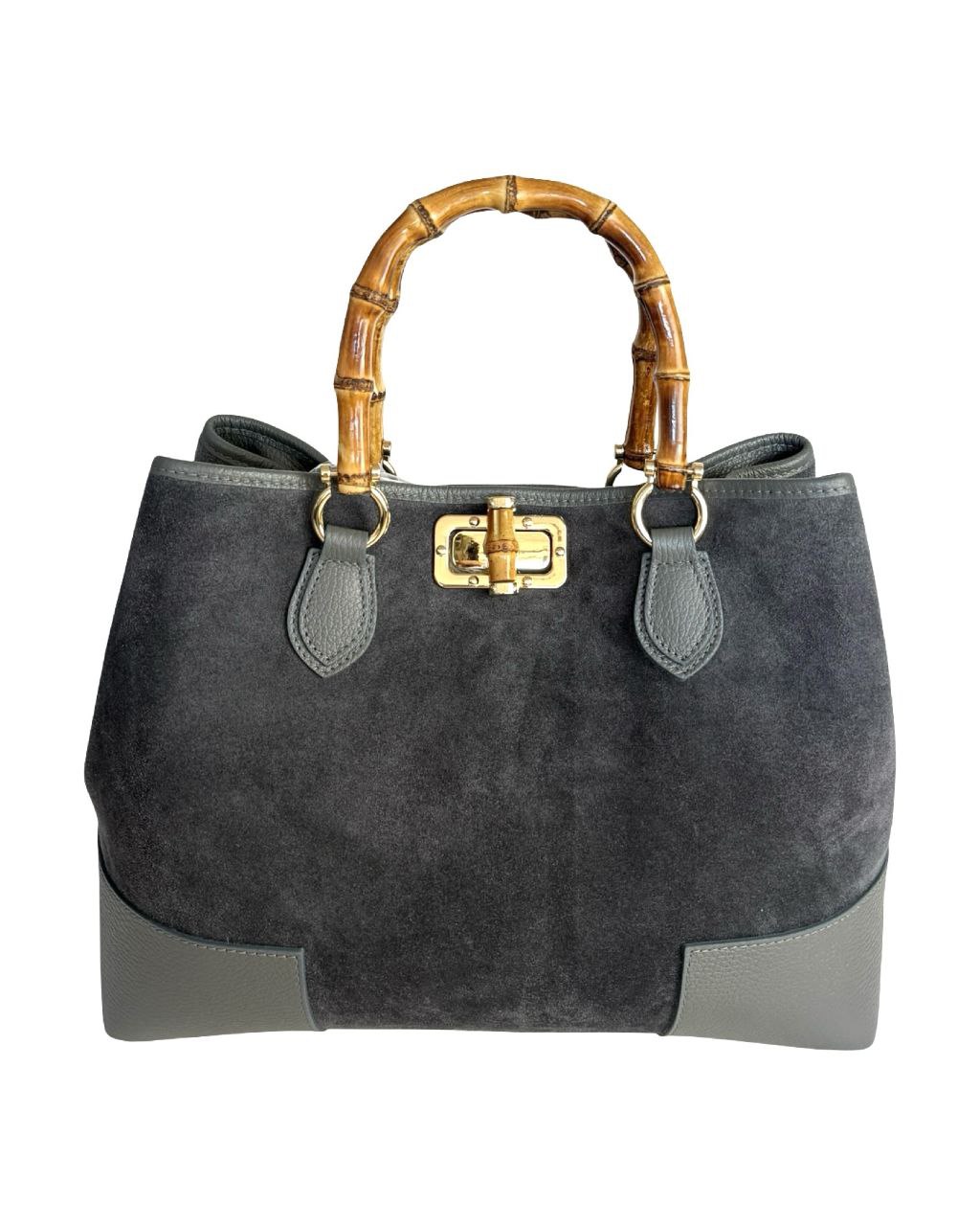 Suede Top-Handle Bag — Bamboo Handle