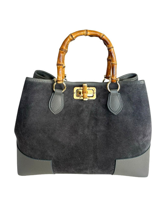 Suede Top-Handle Bag — Bamboo Handle