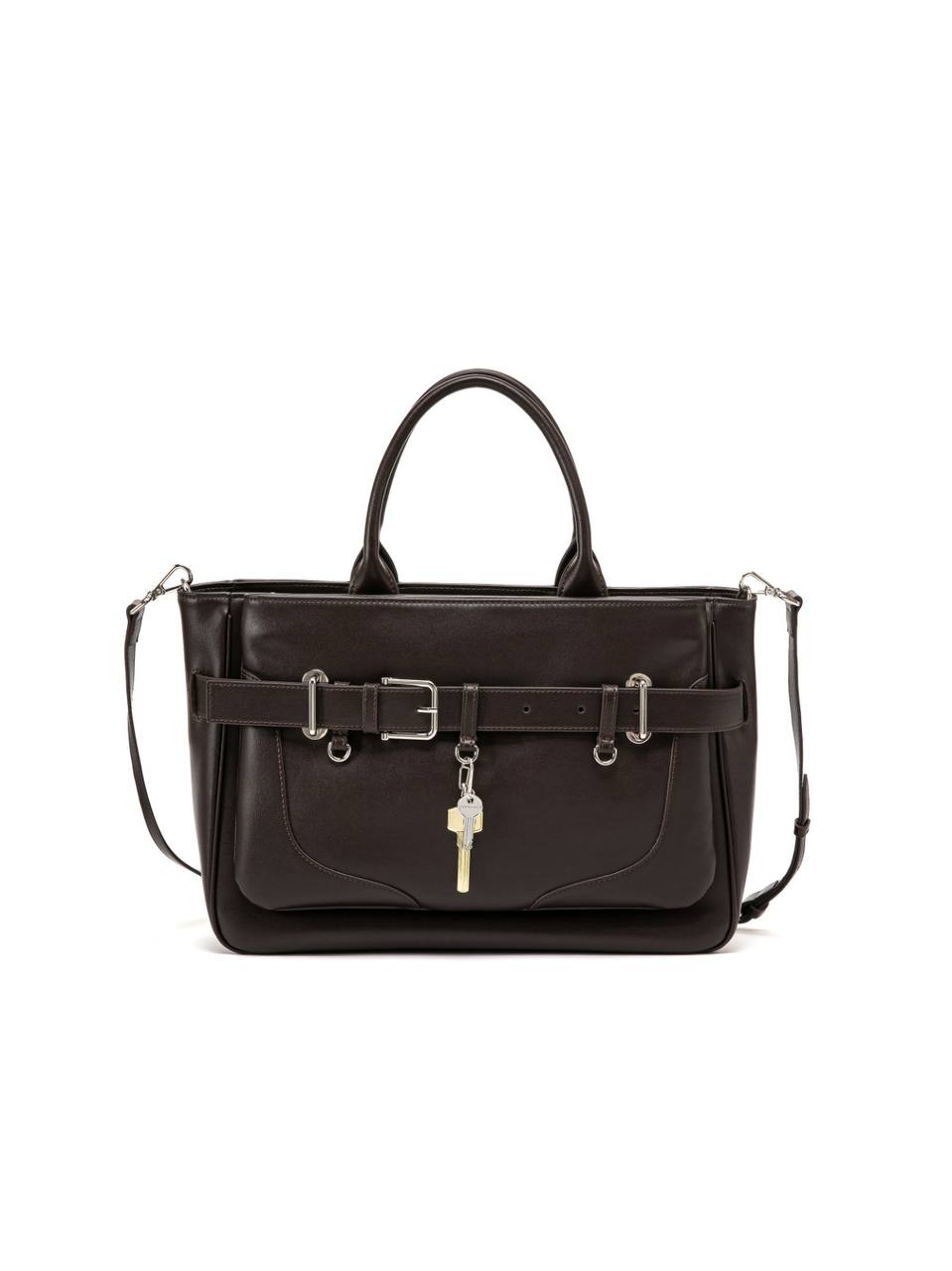 Structured Leather Handbag with Front Belt