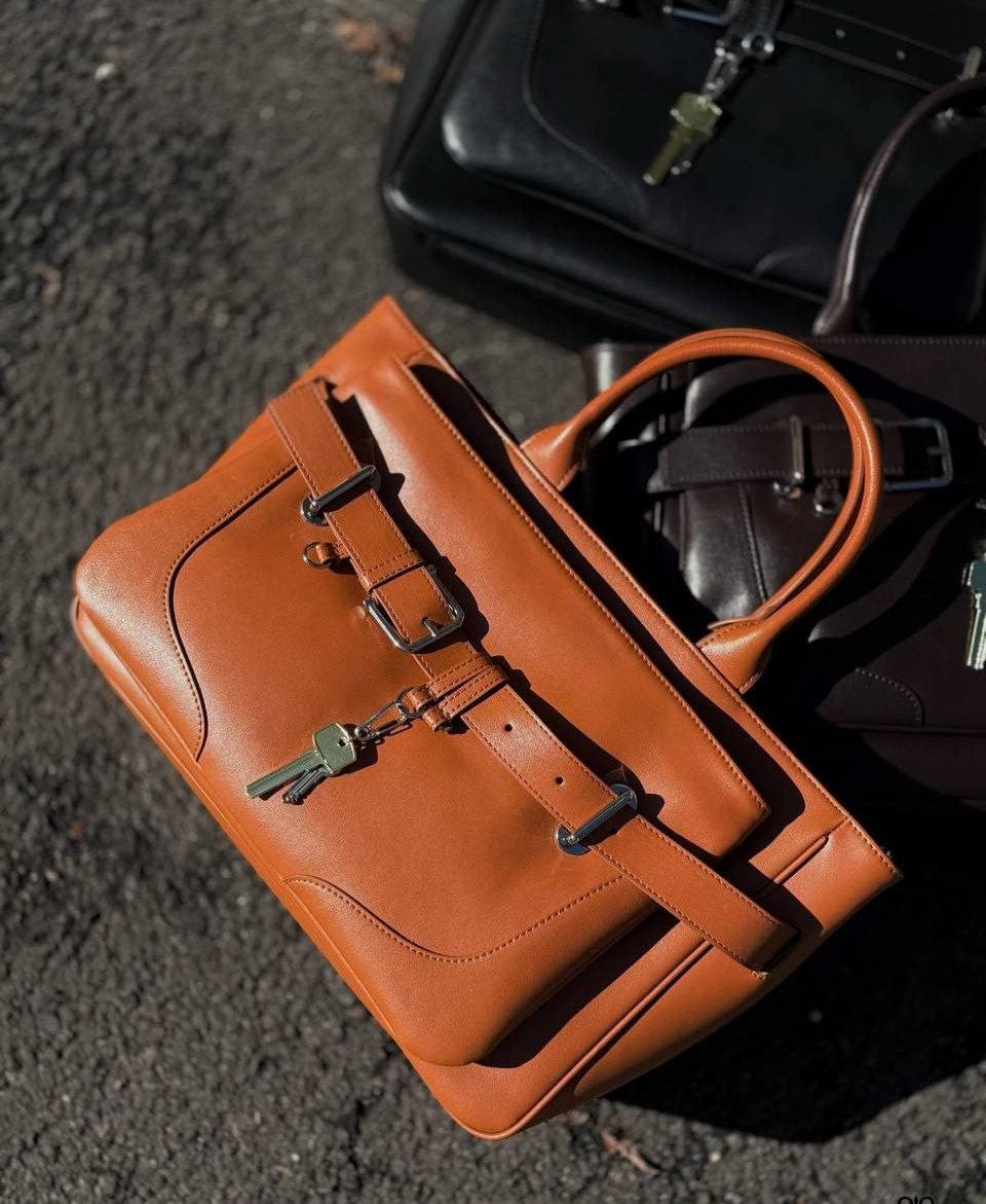 Structured Leather Handbag with Front Belt