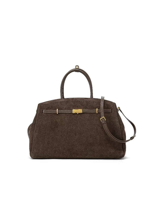Large Suede Leather Top Handle Bag with Shoulder Strap