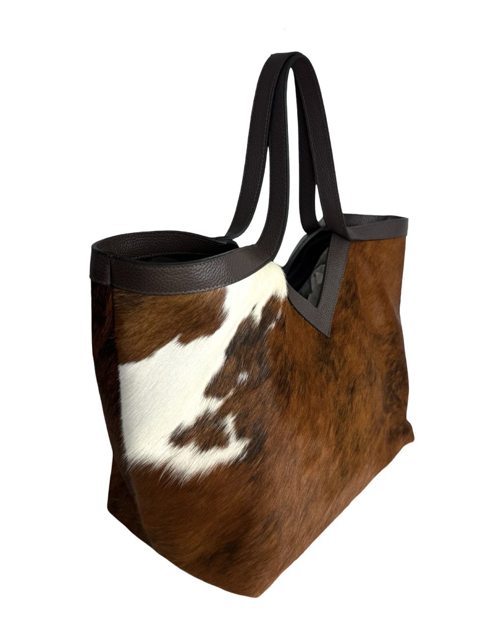 Cow Print Pony Skin Tote — Dark Brown Leather Trim