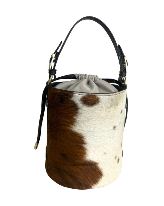 Cow Print Pony Skin Bucket Bag — Dark Brown Leather Trim