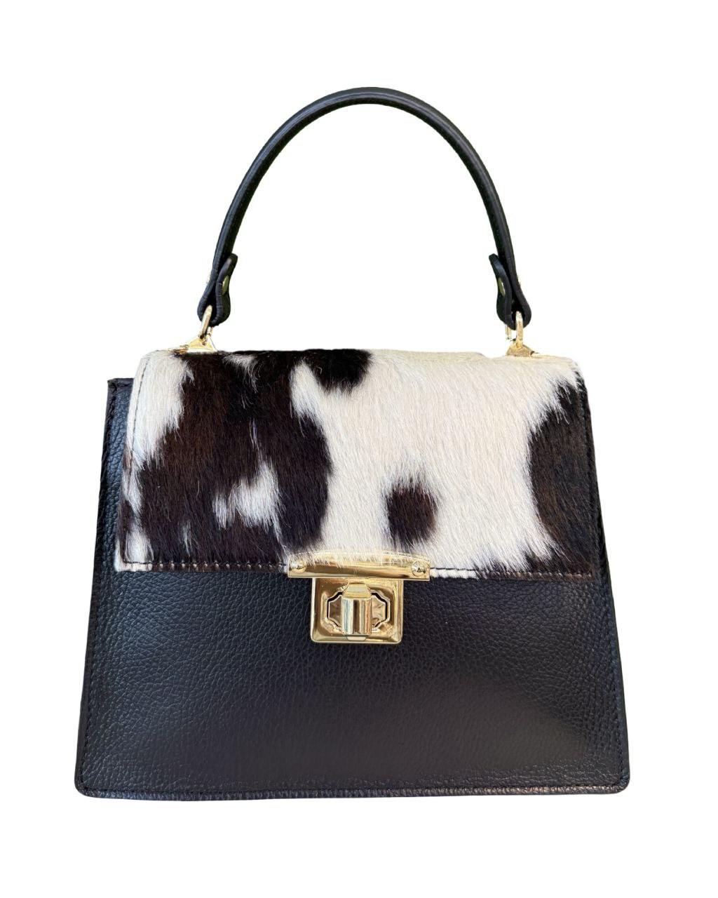 Cow Print Top-Handle Bag — Black Leather & Pony Skin Flap