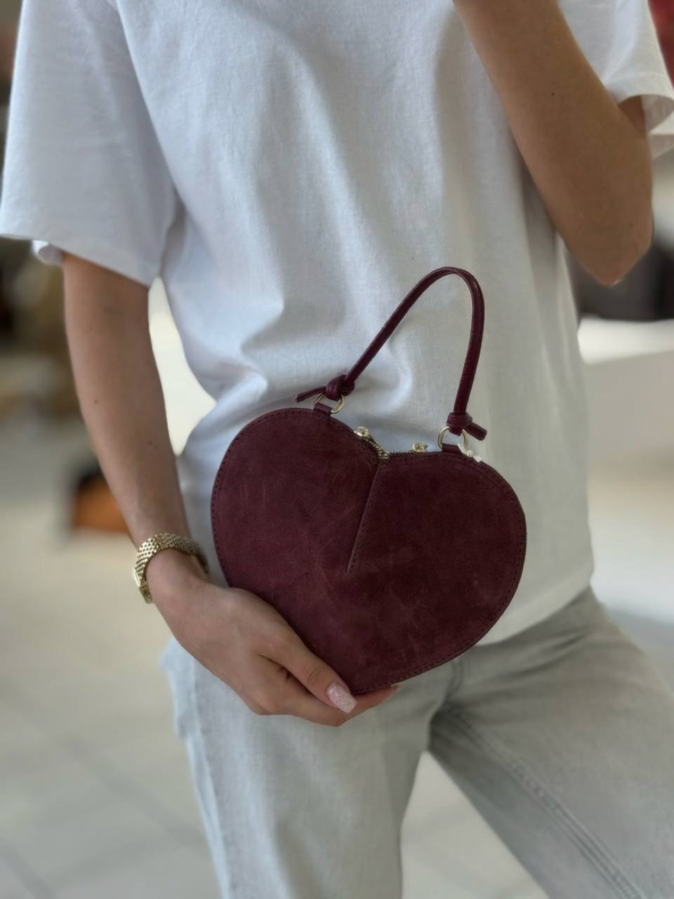 Heart-Shaped Suede Mini Bag