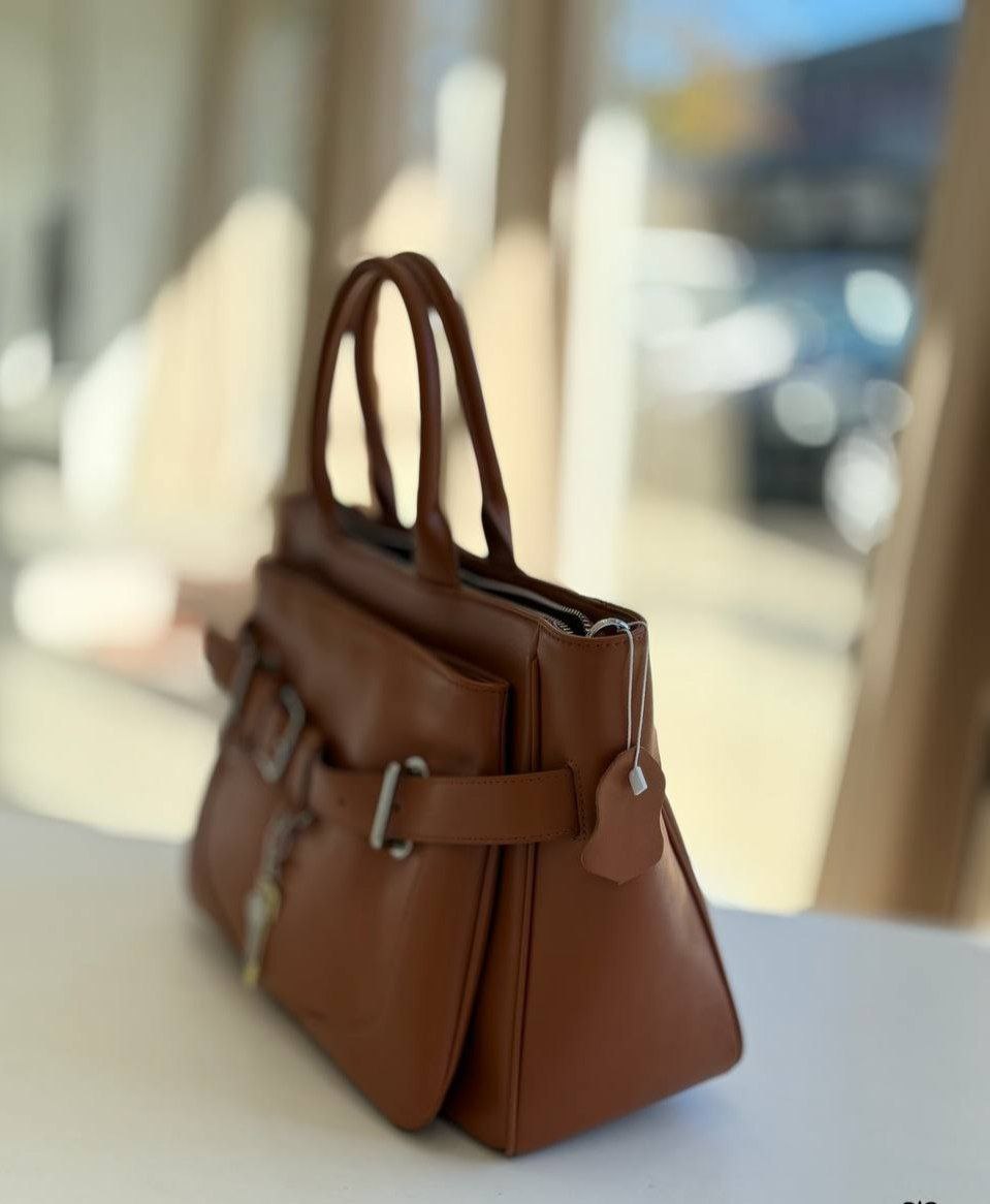 Structured Leather Handbag with Front Belt