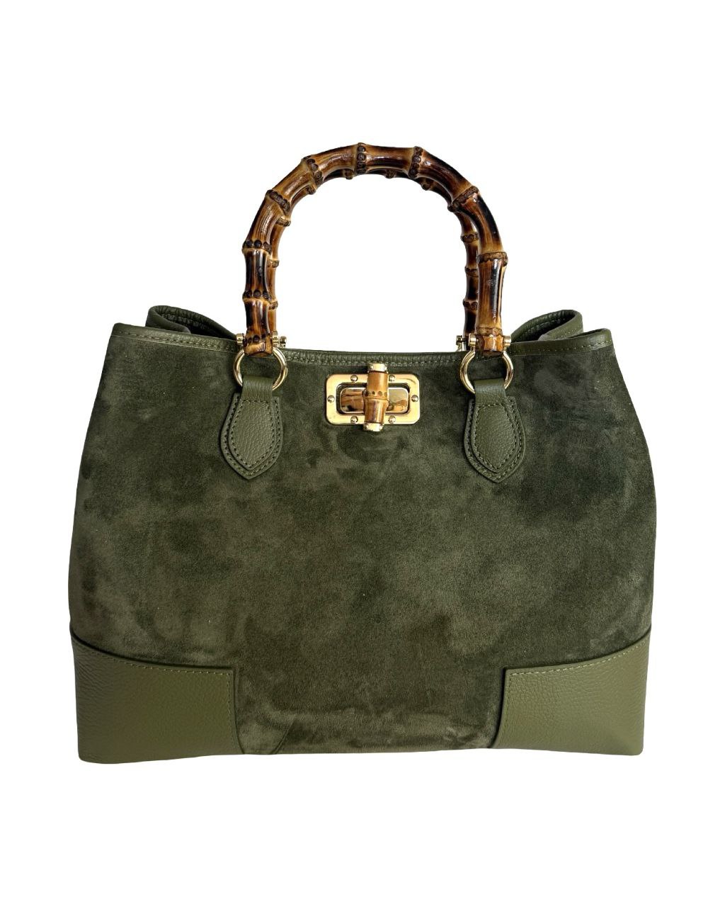 Suede Top-Handle Bag — Bamboo Handle