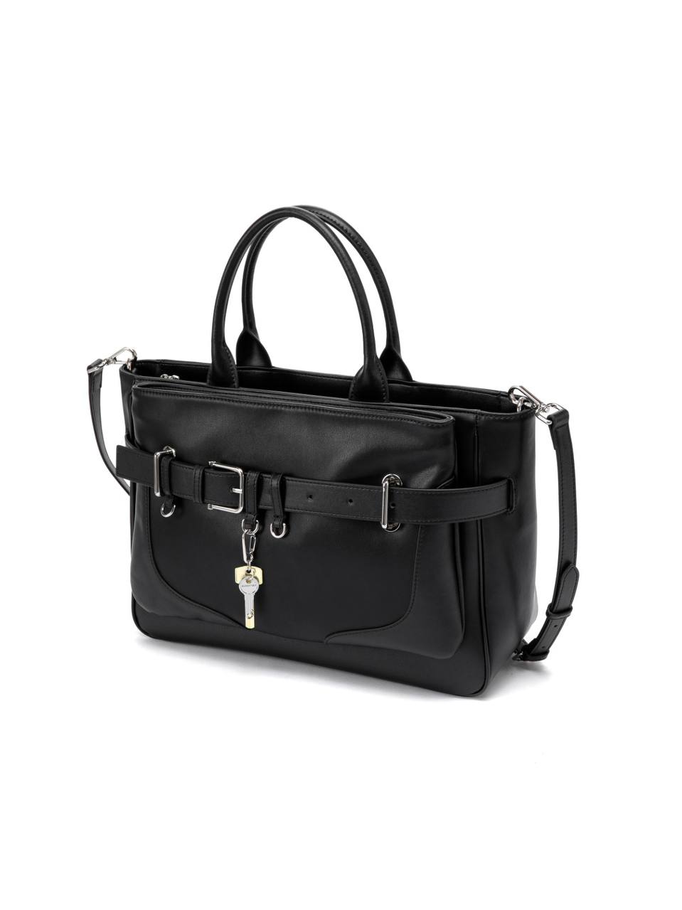 Structured Leather Handbag with Front Belt
