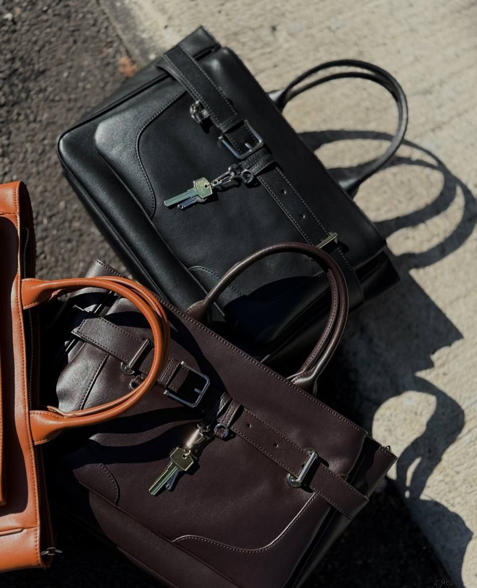 Structured Leather Handbag with Front Belt