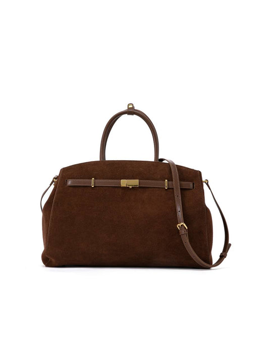 Large Suede Leather Top Handle Bag with Shoulder Strap